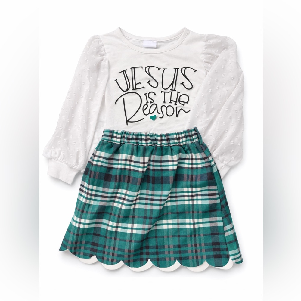 Kids Plaid Matching Set - White and Green